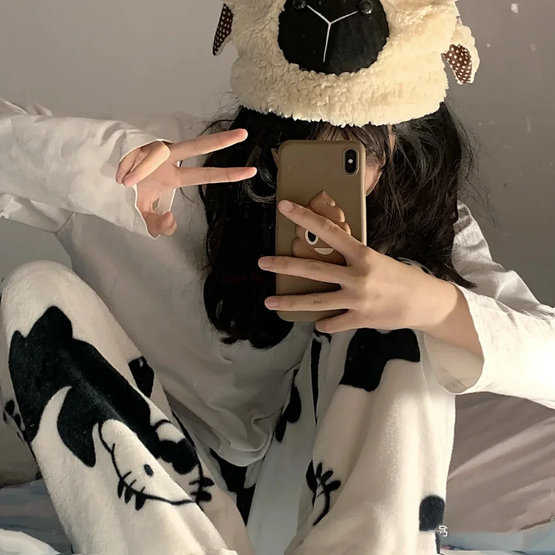 Hello Kitty Pyjamabroek Zwart Flanel Vrouwen Sanrio Kawaii Wollen Witte Cartoon Casual Thuis Broek Herfst Mode Broek Geschenken