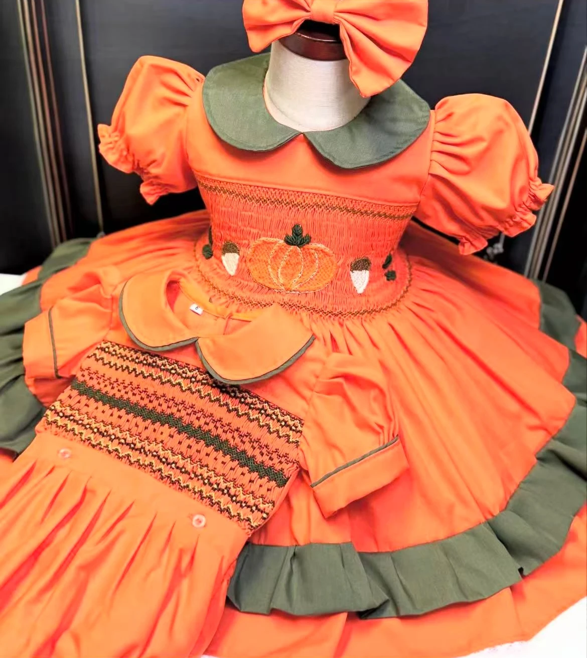 0-12Y Baby Girl Summer Orange Pumpkim Handmade Embroidery Smocked Dress Boy Suit for Birthday Photography Holiday Eid A302