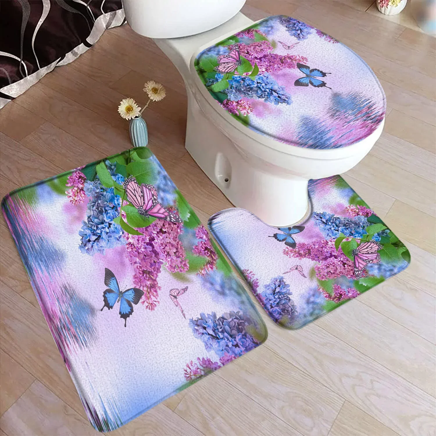 Rustic Flowers Bath Mat Set Yellow Sunflower Butterfly Blue Hydrangea Nature Floral Plant Carpet Bathroom Decor Rug Toilet Cover