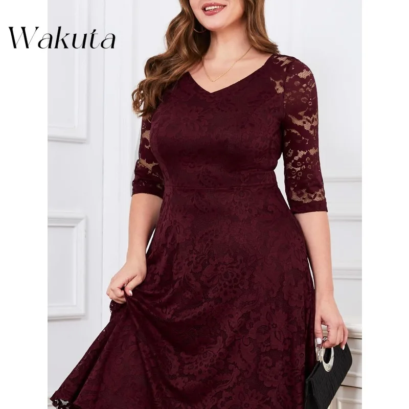 Wakuta Womens Long-Sleeve A-Line Lace Homecoming Bridesmaid Midi Dresses Wedding Guest Formal Party Dresses Mother of The Groom