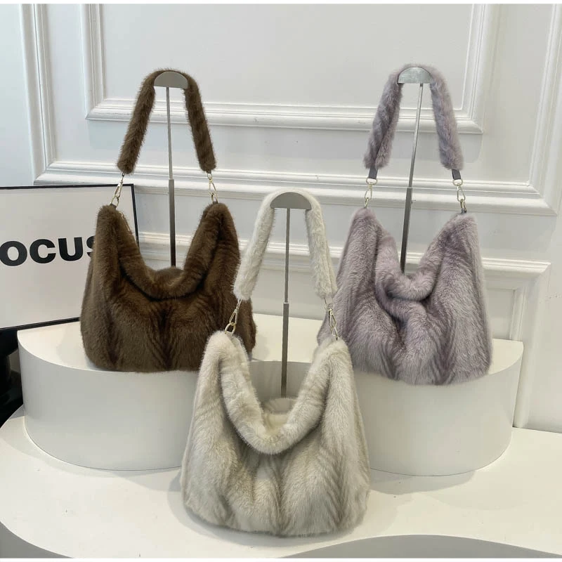Weiche Kunstfell-Umhängetasche, Flauschige Plüsch-Handtasche für Damen, Warme Wintertasche für den Alltag, Große Kapazität, Leichtgewicht – Detail 1