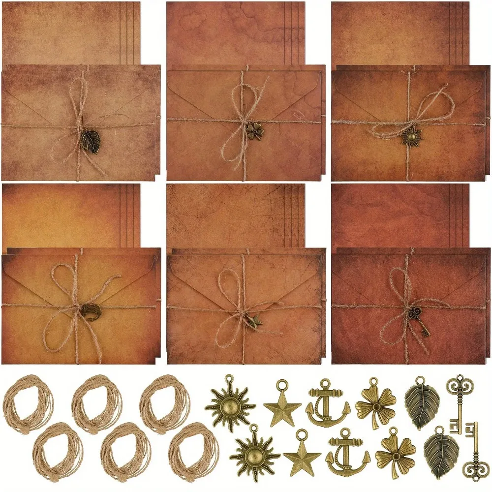 12 Sets Vintage Kraft Envelopes A7 5x7in with Metal Corner Jute Twine Self-Adhesive Seal for Wedding Invitations Love Letters