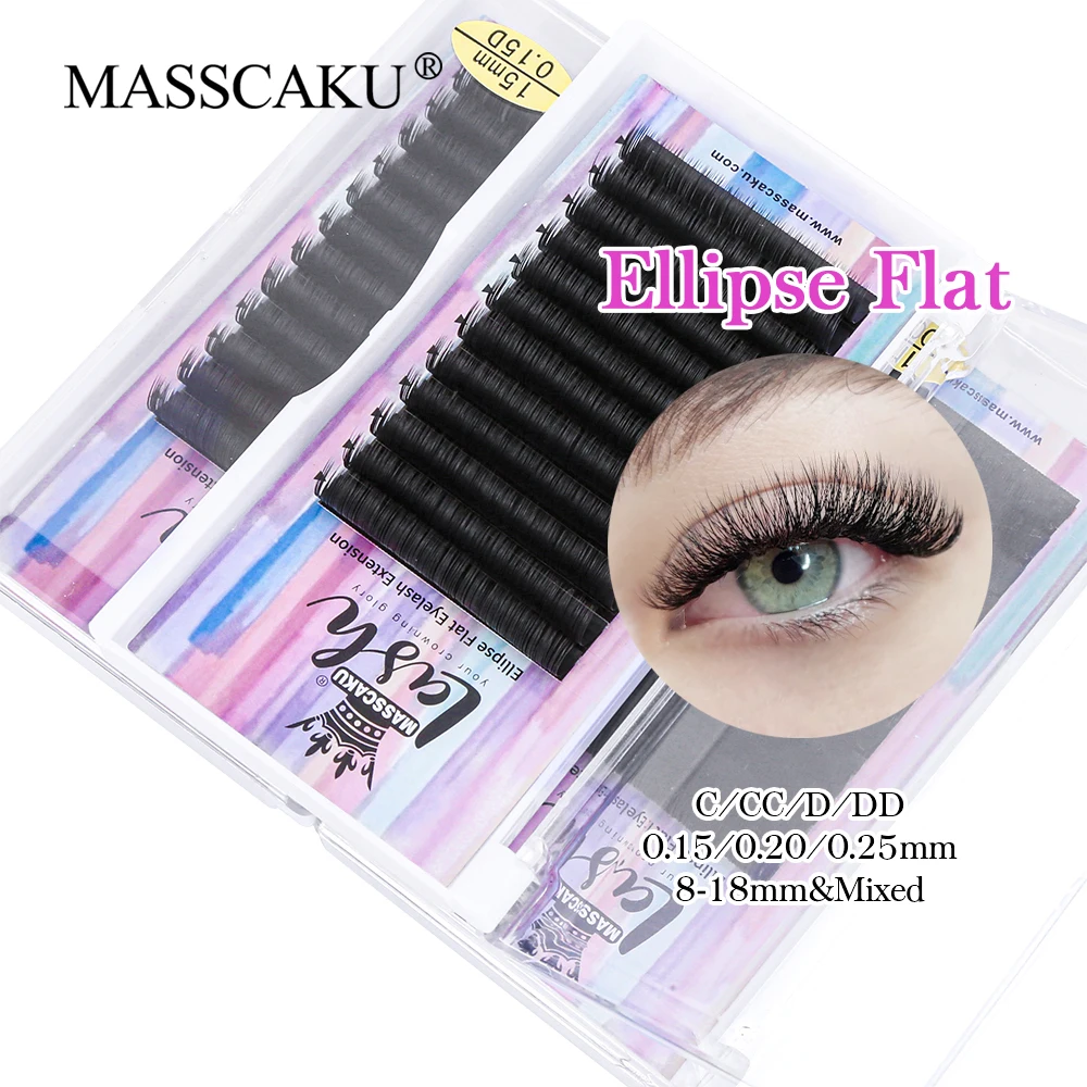 

Wholesale 8-18mm Ellipse Flat Lashes 0.15/0.20mm Individual Fake Eyelash Extension Vendor Cashmere Matte Black Volume Lash Trays