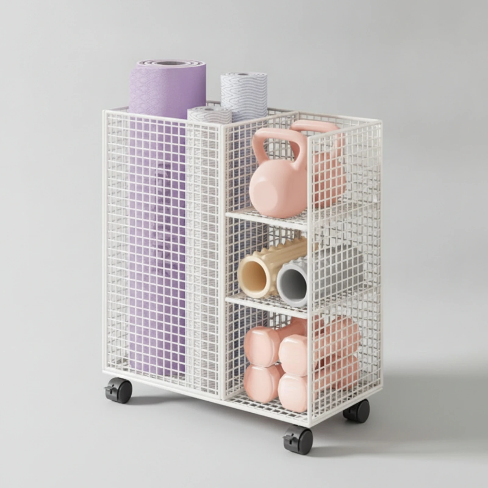 Mobile Sports Equipment Storage Cart Sturdy Open Grid Storage Cart with Caster Wheels Portable Space-Saving for Home Gym, Studio