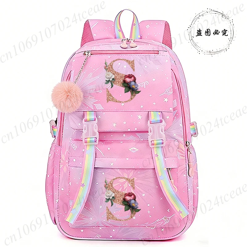 

Watercolor Flowers with Rose Gold Alphabet Printed Backpacks,Women's Fashion Casual Backpack, Daily Travel Bagpack for College