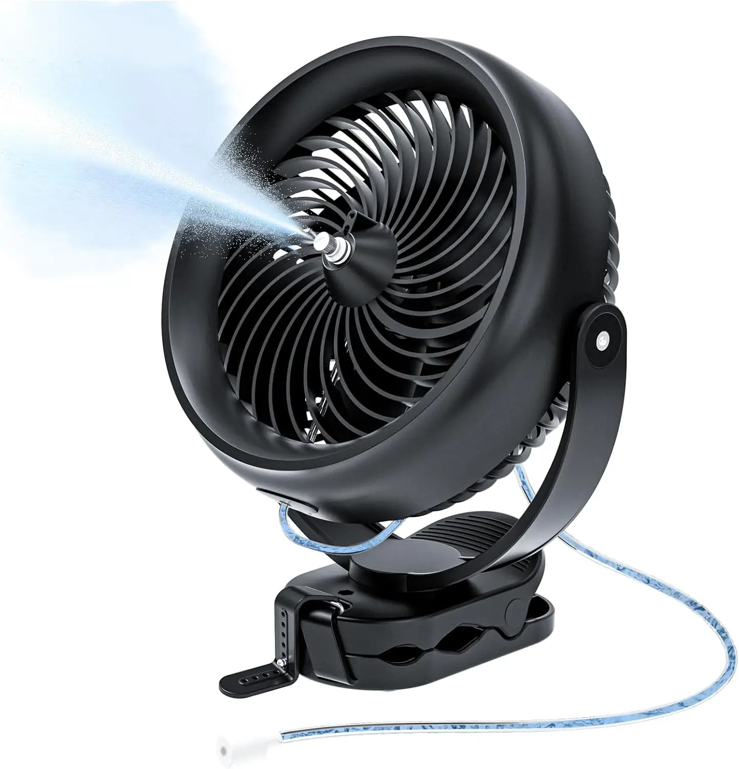 

Car Clip-On Fan Misting Fan With Clip, 8'' Portable Clip On Fan Battery Operated, 3 Speeds, 3 Mist Modes, Hook, Silicone Strap