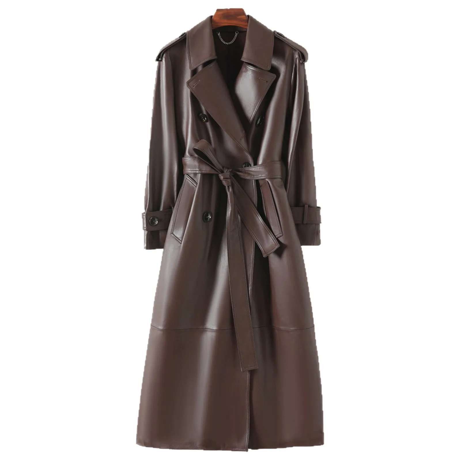 Manteau long en cuir pour femme, véritable cuir d'agneau, col à revers, double boutonnage, coupe ajustée, avec ceinture longue, collection automne/hiver