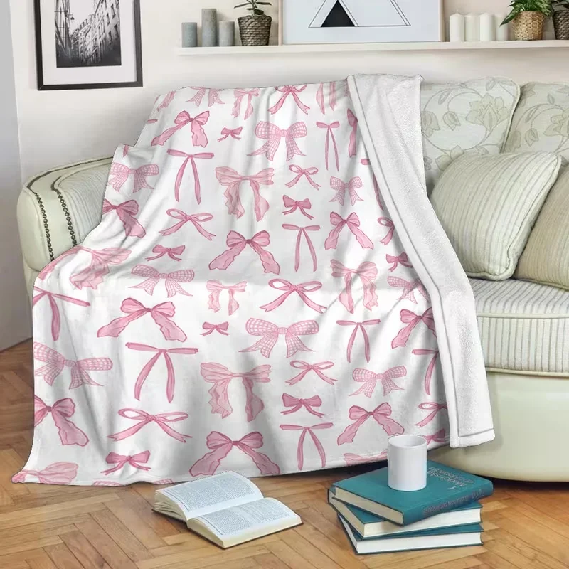 Coquette Pink Ribbon Bow Pattern Fleece Throw Blanket, Sweet Aesthetic Girly Blanket, All‑Season Warm Soft Blanket for Couch Bed