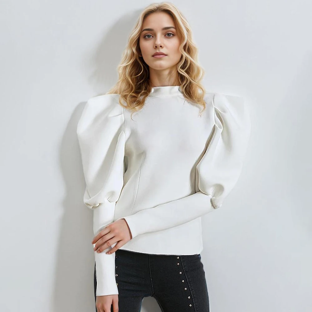 

Casual spliced Zipper Sweatshirt For Women Round Neck Puff Sleeve Minimalist Loose Sweatshirts Female Autumn Clothing