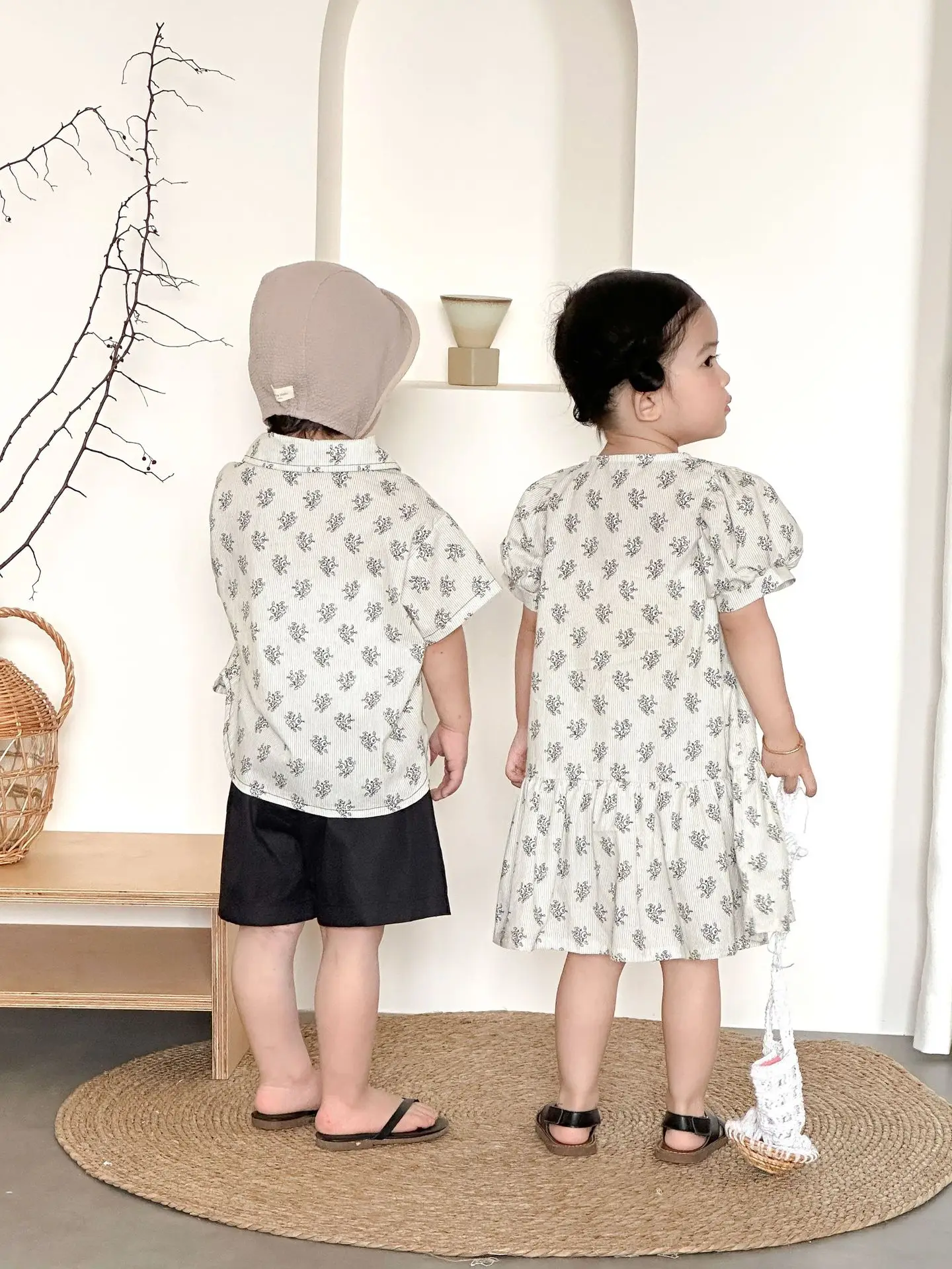 2026 Summer New Children Short Sleeve Clothes Set Boys Shirts Shorts 2pcs Suit Girls Floral Dress Brother And Sister Clothes