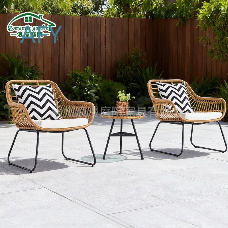 Wicker Outdoor Patio Table and Chair Set with Backrest for Villa Leisure Balcony 3-Piece Set Including Small Coffee Table