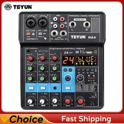 TEYUN 4 Channel Audio Mixer 24 DSP Effects USB PC Play Record Bluetooth Mixing Console 48V Sound Table Dj Broadcast Karaoke NA4