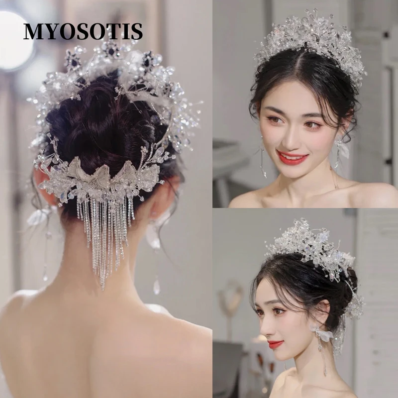 Elegant Lace & คริสตัล Brides Headbands ผีเสื้อ Tiaras เจ้าสาว Hairbands อุปกรณ์เสริมผมแต่งงาน