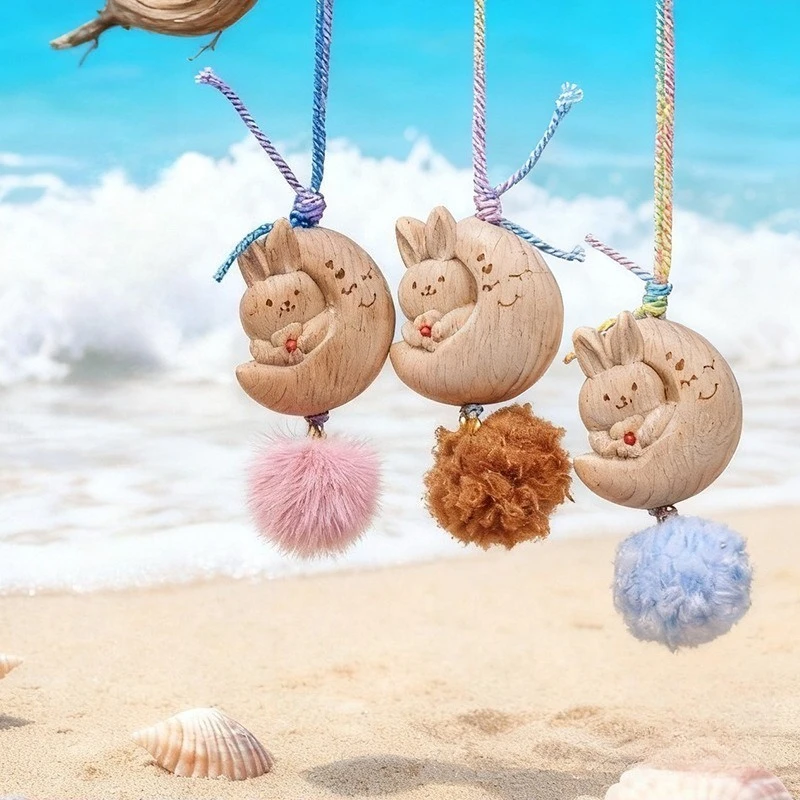 Creative Beech Wood Rabbit Keychain Pendant Wagging Tail Pink Ball Moon Rabbit Bag Hanging Ornament Wooden Animal Craft Decor