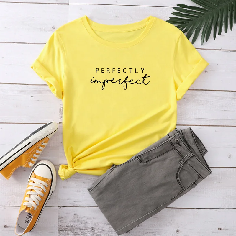 Perfectly Imperfect Letter Print Women\'s T-shirt Harajuku Casual Short Sleeve Black T-Shirt Female Summer Street Clothes Girl