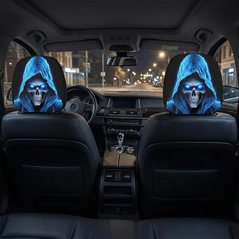 2 Stück Blau Leuchtende Totenkopf-Auto-Kopfstützenbezüge 2D Flacher Kapuzen-Jäger-Print Schwarzer Auto-Kopfstützenschutz Gothic Universelle Passform – Detail 6