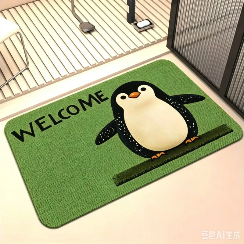 Cute Penguin Welcome Print Doormat Adorable Cartoon Penguin Design Non Slip Floor Mat for Kids Room Entryway