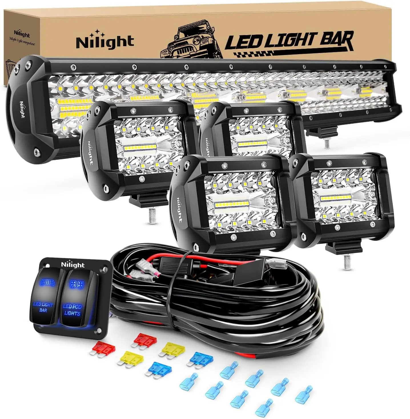 Nilight 420W Triple Row Spot Flood Combo Led Light Bar Work Driving Lamp 4Pcs 4Inch 60W Cube LED Pods Lights with Wiring Harness