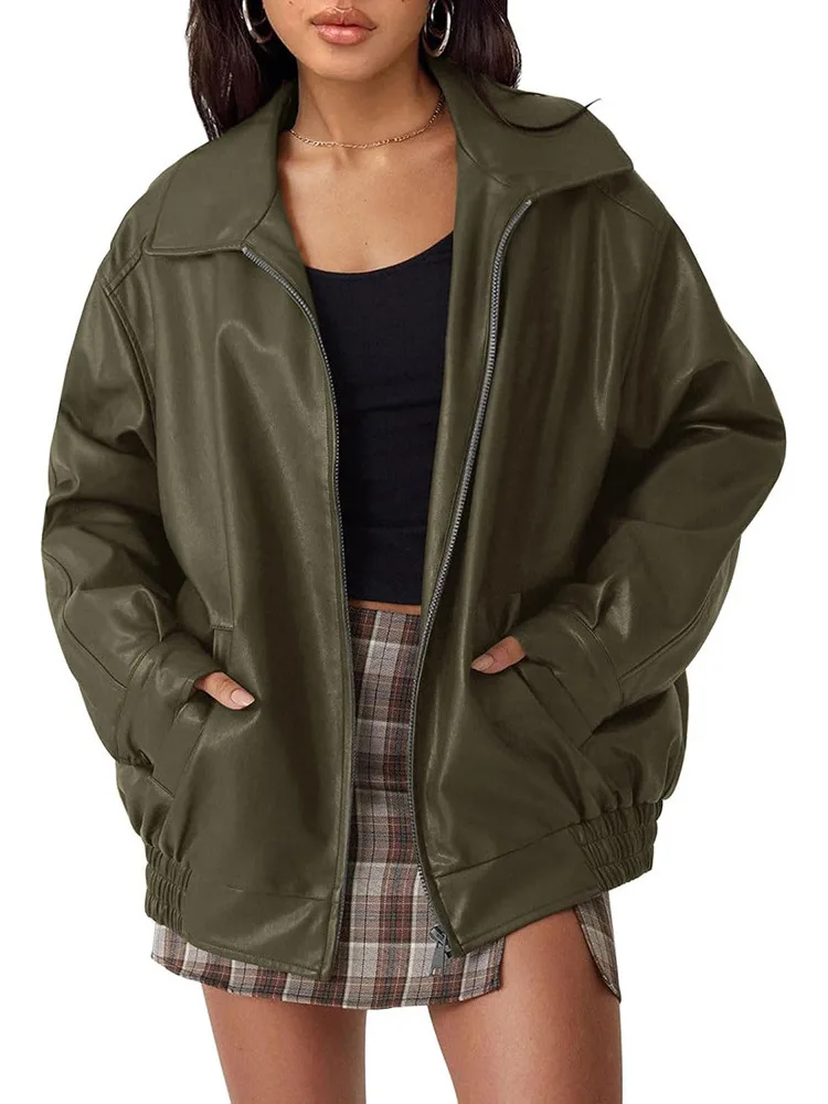 여성용 단색 롱 슬리브 가죽 재킷 캐주얼 슬림핏 코트 폴리에스터 소재 겨울 컬렉션