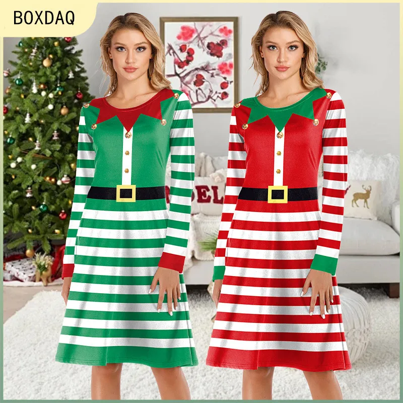 Merry Christmas Dress 3D Stripe Printing Dress Xmas Cosplay Costume Big Size 3XL Female Long Sleeve O-Neck Casual A-Line Dress