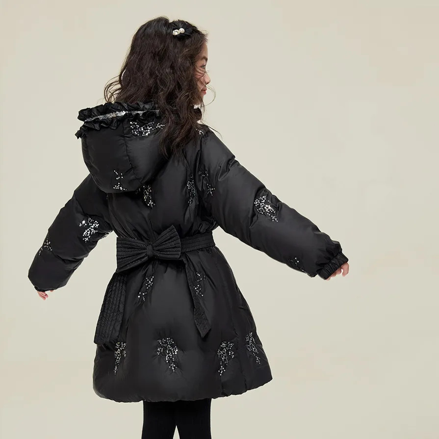 Girls White Duck Down Jacket Sequins Embroidered Hooded Waist‑Tied Mid‑Length Coat Kids Winter Windproof Warm Outerwear A5103