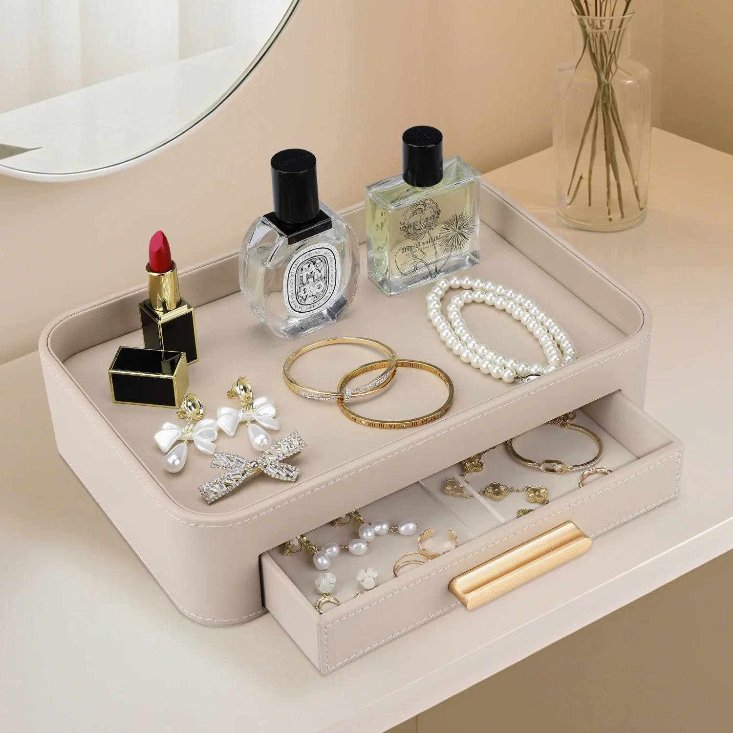 【Natural】Cream leather storage tray with drawers, decorative vanity organizing tray, desktop perfume and jewelry tray