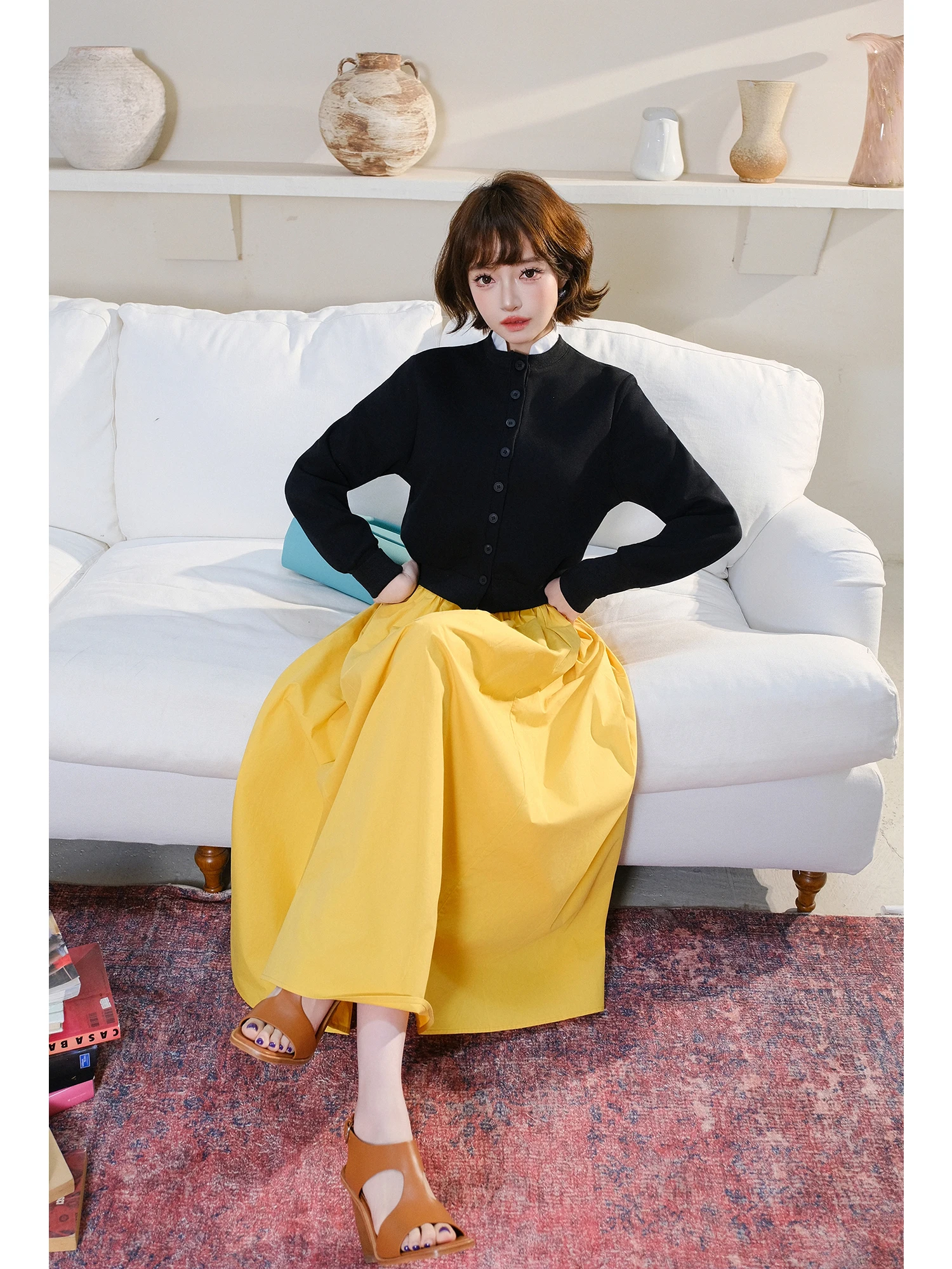 

MIUCO Elegant Minimalist Black Top Yellow Halter Skirt Set Spring Autumn High Waist Slim Fit Long Dress Two Piece Suit