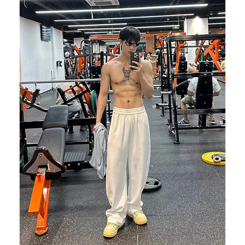 

White Straight Leg Sweatpants for Men Autumn American Style Wide Leg Pants for Men Loose Fit Fitness and Sports Casual Pants