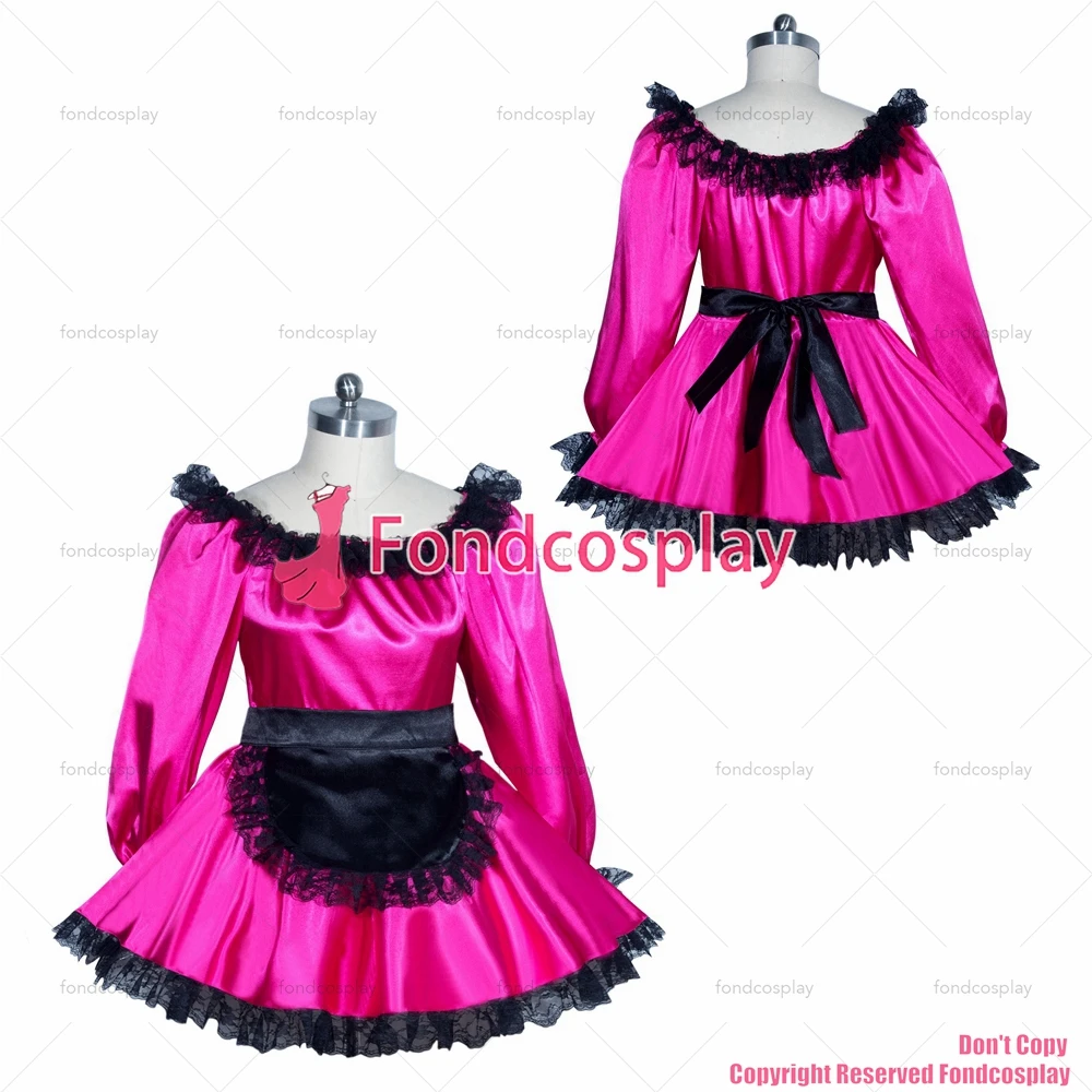 

fondcosplay adult sexy cross dressing sissy maid short hot pink satin dress black lace french Uniform cosplay CD/TV[G3962]