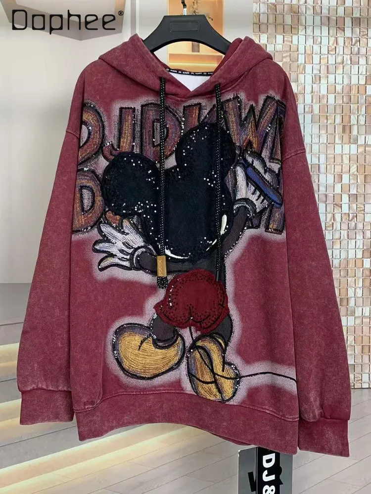 Trendy Brand Autumn Heavy Craft Back Shadow Cartoon Age-Reducing Mid-Length Oversized Hooded Fashion Loose Sweatshirt Women