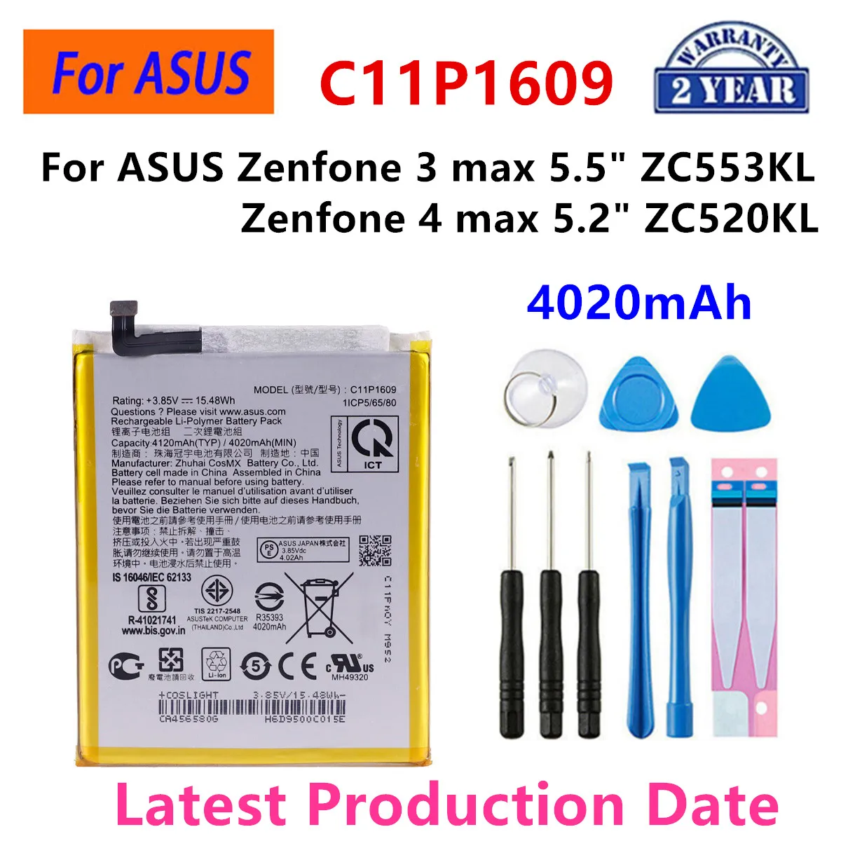 

Brand New Battery C11P1609 4020mAh For ASUS Zenfone 3 max 5.5" ZC553KL X00DDA Zenfone 4 max 5.2" ZC520KL X00HD +Tools