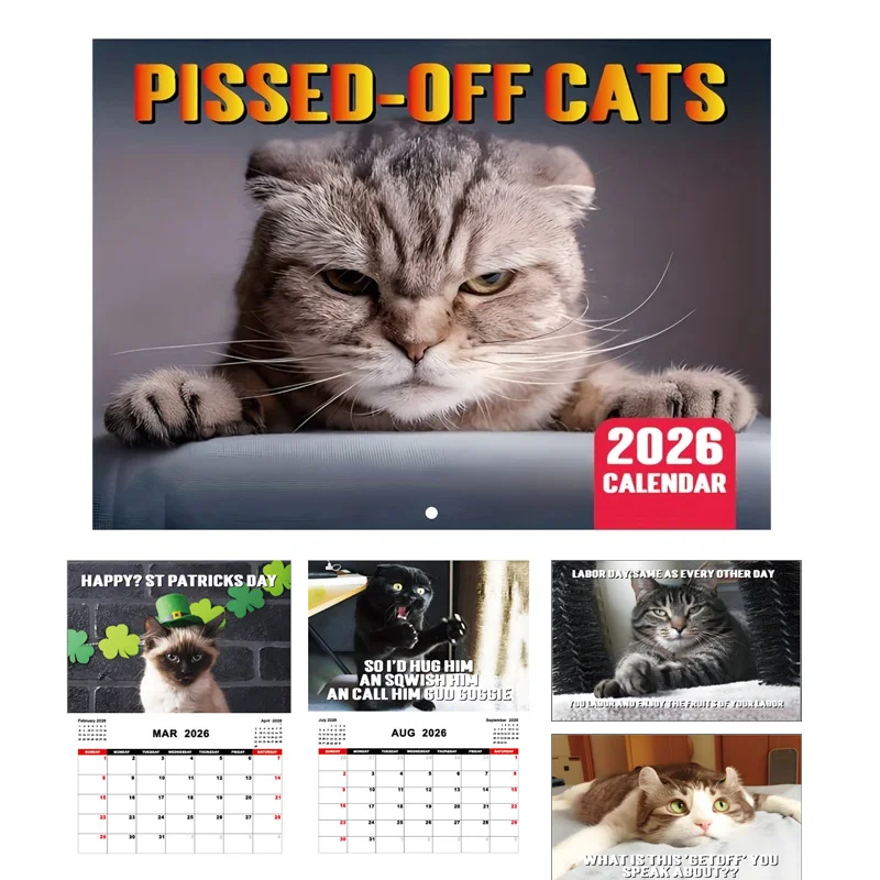 

2026 Wall Calendar Funny Pissed-off Cats Daily Weekly Monthly Planner for Home Office Decor Hangable Time Agenda Newest Calendar