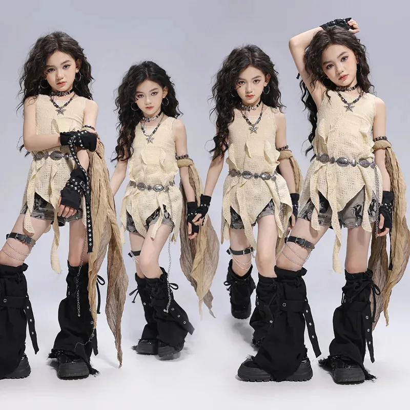 

Girls Wasteland Street Dance Knitted Tank Top Jeans Boys Hip Hop Hoodies Clothes Sets Kids Jazz Costume Children Punk Streetwear