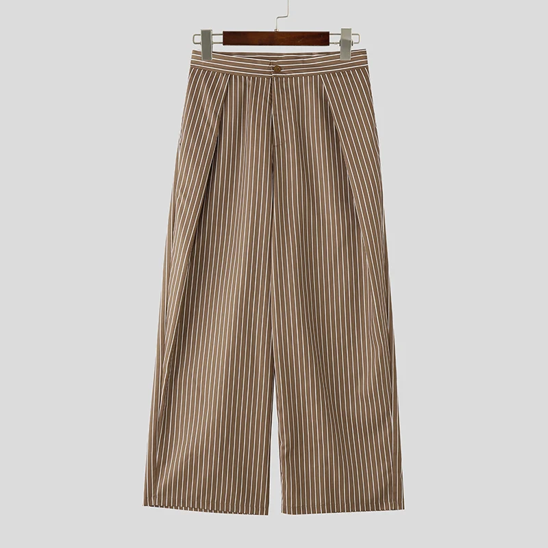 INCERUN Men Striped Pants Button Joggers Loose Casual Wide Leg Trousers Men Streetwear 2025 Fashion Leisure Long Pants S-5XL