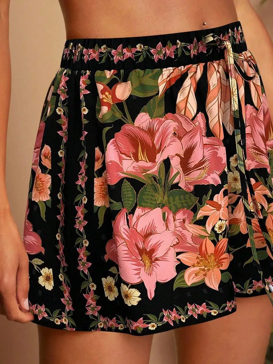 

Floral Print Drawstring Waist Flowy Shorts For Women Summer Casual Beachwear