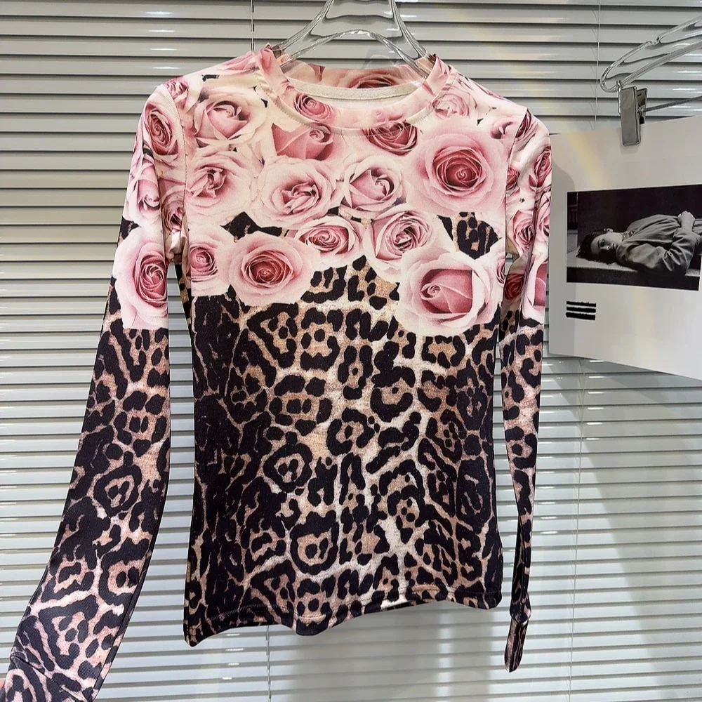 Women Clothing Autumn New Rose Contrasting Color Leopard Print Pattern Long Sleeve Bottom T-shirt Y2k Top 2025