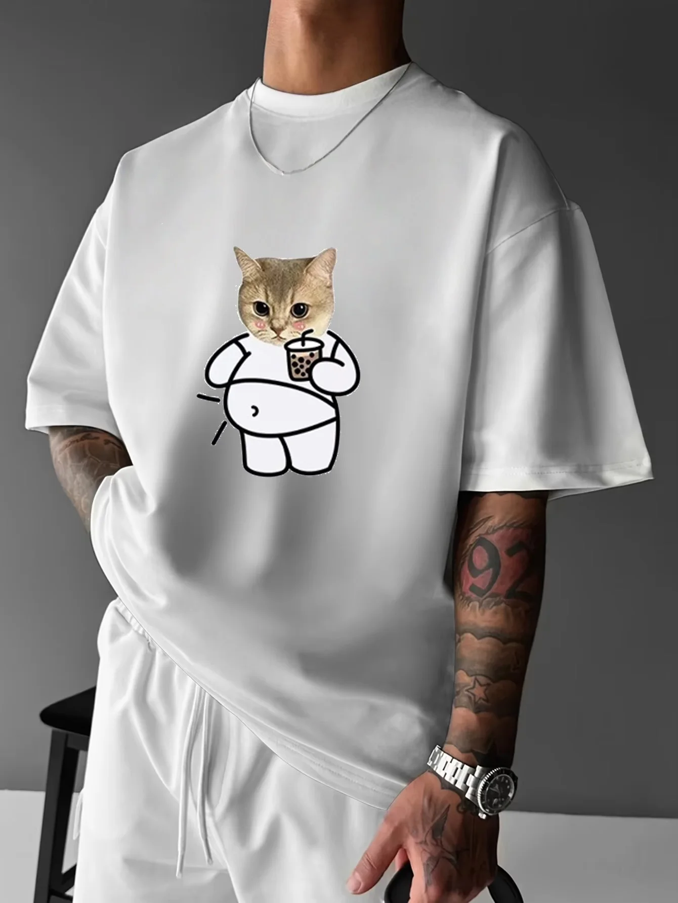 القط شرب شاي فقاعات 2025 صيف جديد وصول متعة طباعة قصيرة الأكمام تي شيرت المرأة فضفاضة تناسب القطن طاقم الرقبة قميص جذاب #1