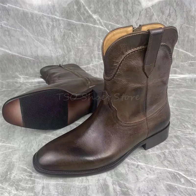 

Men's Cowboy Boots Vintage Brown Short Boots Western Genuine Leather Ankle Knight Boots Pointed Toe Chelsea Boots Size41-47