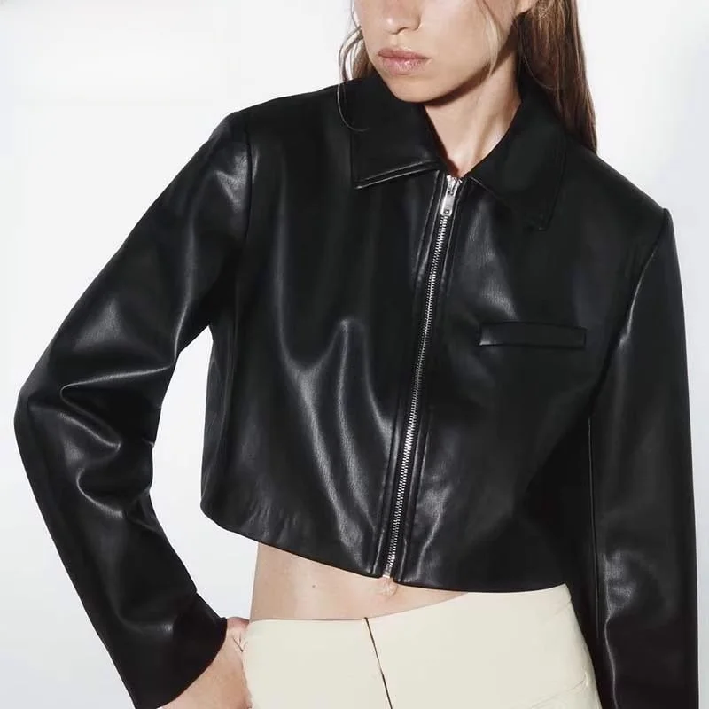 

Fall 2024 New Women's ort Leather Jaet Coat Ele Simulated Leather Top Zipper Closure Long Sve Square Collar