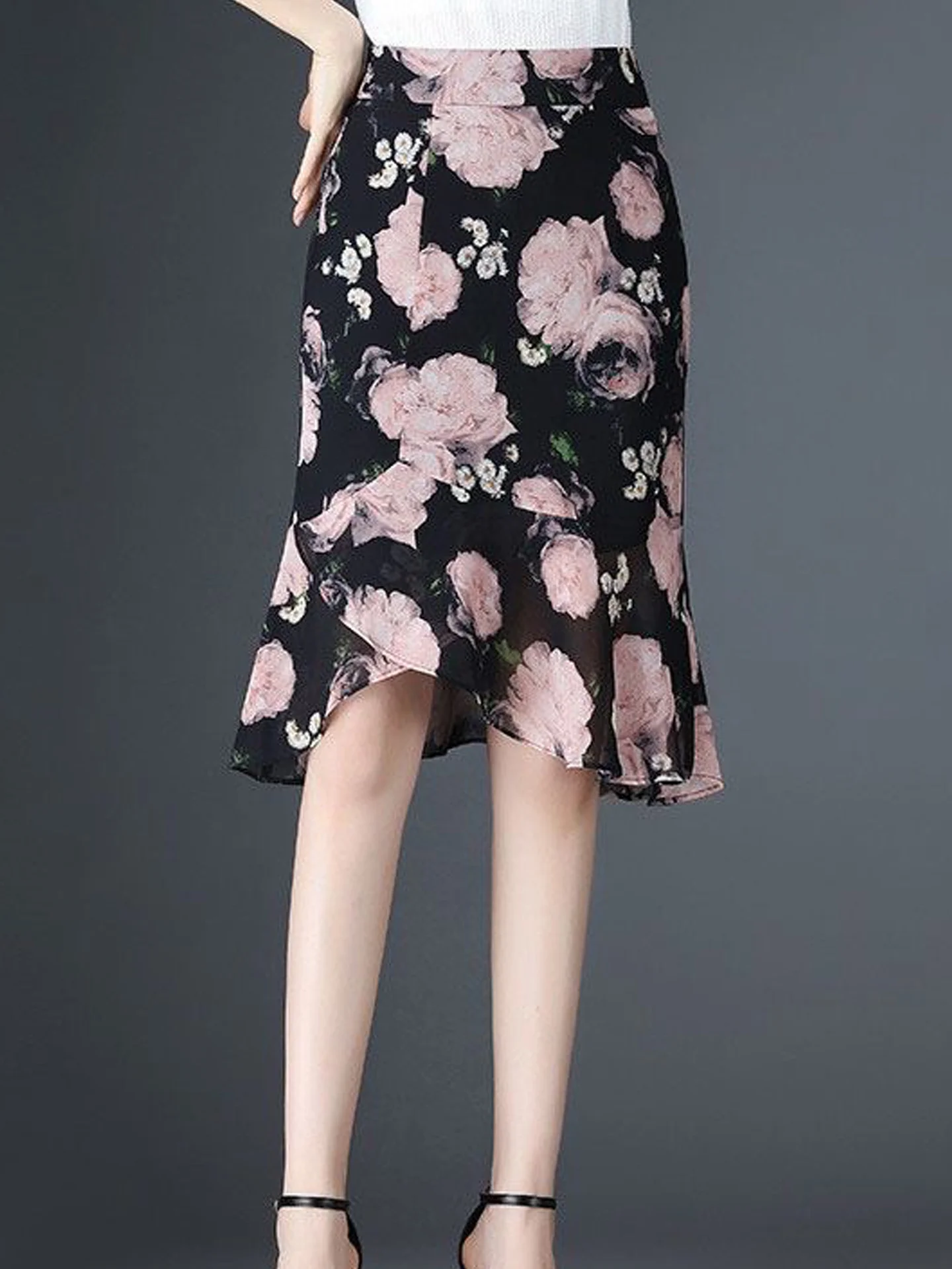 Pink Fish Tail Half Skirt Women's High Waist Slim Fit Floral Print Bodycon Midi One Step Skirt Korean Style Casual A-Line Skirt