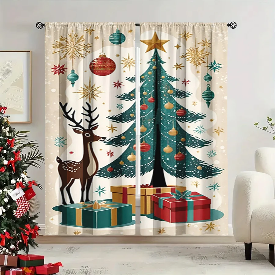 2PCS Christmas Winter Curtains, Vintage Reindeer Tree Gift Gold Star Ball, Digital Print, Bedroom Living Room, Home Decor