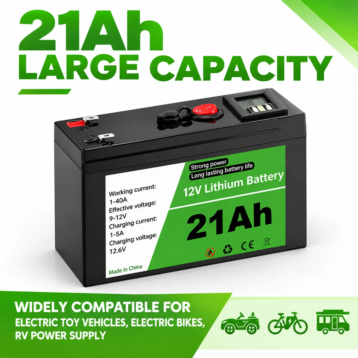12V 21Ah Rechargeable Replacement Lithium Battery Built-in Smart BMS Safety Protection for Solar Power System RV Campervan