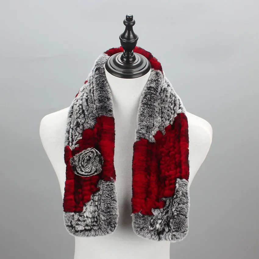 

Women Knit Real Rex Rabbit Fur Scarf Lady Fashion Floral Rex Rabbit Fur Mufflers Hot Winter Warm Natural Fur Scarves New Style