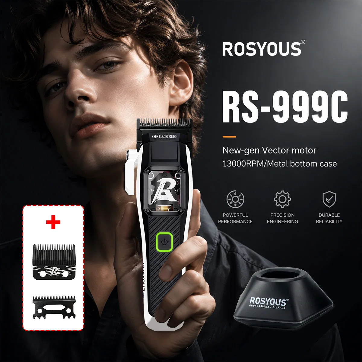 ROSYOUS 999C Clippers for Men Magnetic Vector Motor DLC Blade with Base Charger Full Metal Professional Hair Clipper Barbershop