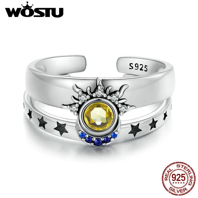 WOSTU 925 Sterling Silver Sun Moon Star Couple Open Rings Blue CZ Yellow Crystal Party Stackable Rings Anniversary Gift Sz 6-9