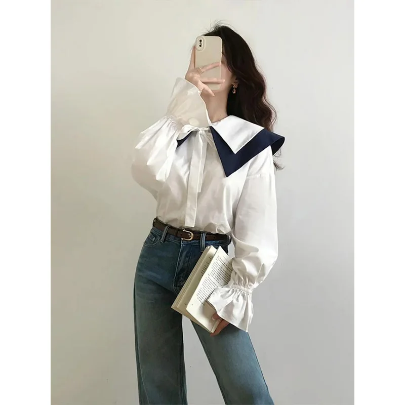 Camisas de mujer con cuello vuelto de Color sólido con botones a la moda coreana para primavera y verano, Tops elegantes de algodón de manga larga con cordón