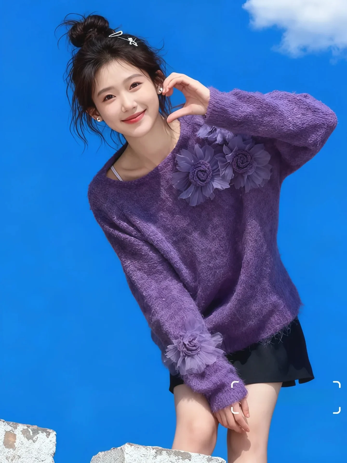 Lockerer Damen-Strickpullover, lila Blumen-Design, Winter-Fee, lässig, bequem, einzigartig, schönes Strickoberteil