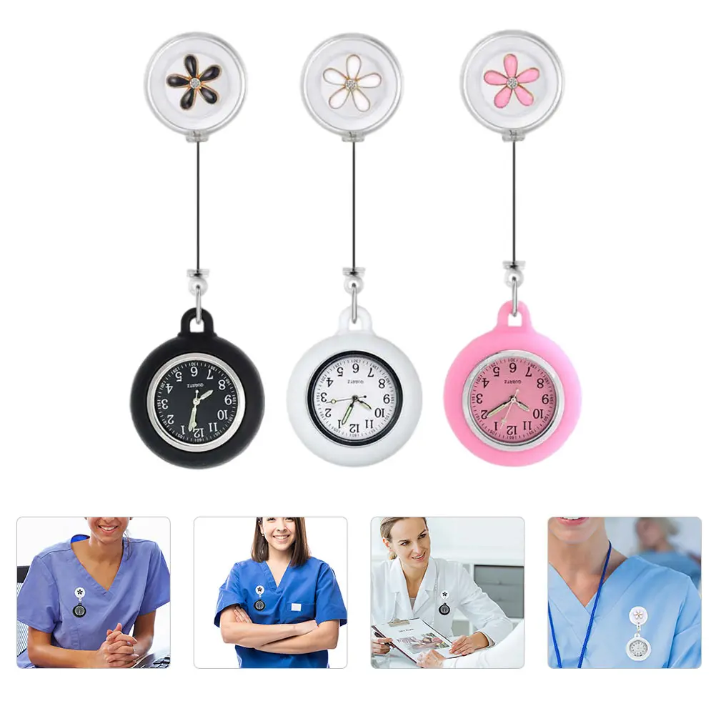 

3pcs Chic Nurse Pocket Watch Zinc Alloy Glass Large Screen Adjustable Retractable Clip On Decorative Doctor Badge Flower Print