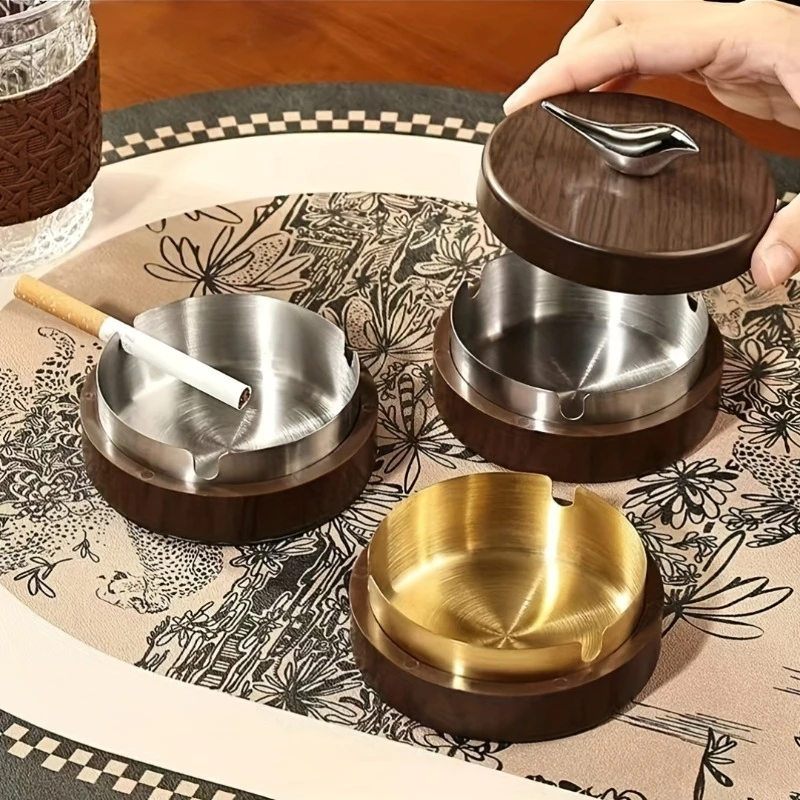 Covered Walnut Grain Ashtray with Stainless Steel Liner, Cigarette Ash Tray for Home, Living Room, Office, Indoor Use
