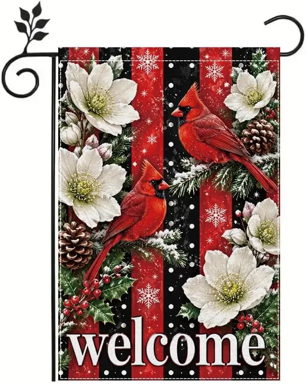 Welcome Garden Flag 12x18 Inch, Cardinal Bird Snowflake Floral Design Polyester Double Sided Flag, Winter Christmas Rustic O llp